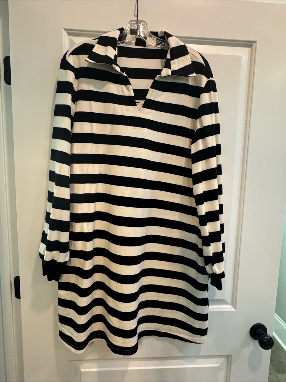 Striped Long-Sleeve Collared Dress in Black and White